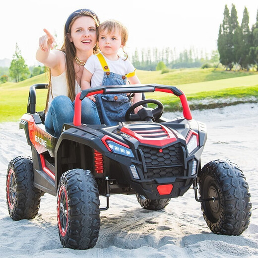 Extra-large children's electric car with four wheels that can seat adults, parents and children, double off-road vehicle for men and women, four-wheel drive remote control car, baby toy car, swing stroller, flagship version yellow, leather seat + soft tires + 14AH large battery + removable roof
