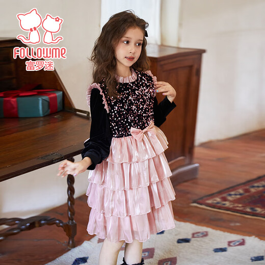 Fuluo Mi Girls Dress Winter Girl Red Sequin Princess Dress Western Style Performance Dress Pink 140cm