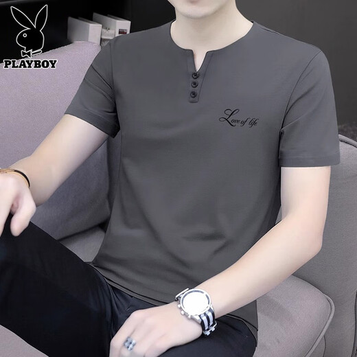 花花公子（PLAYBOY）短袖t恤男2025夏季新款潮流v领休闲宽松上衣薄款凉感男装 5024黑色 XL