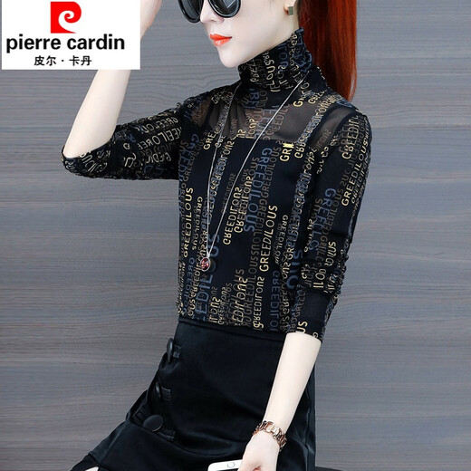 Pierre Cardin store women's early autumn turtleneck mesh bottoming shirt for women autumn 2025 new style temperament lace long-sleeved style gold M