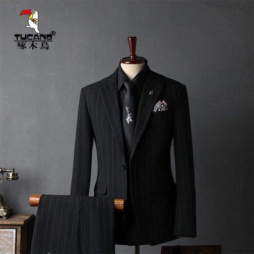 Woodpecker (TUCANO) Striped Suit Men's Full Groom's Suit British Style Groomsmen's Clothes Business Formal Wedding Suit Men's Black (Suit+Vest+Trousers) XL 52 (125-135Jin Jin equals 0.5kg)