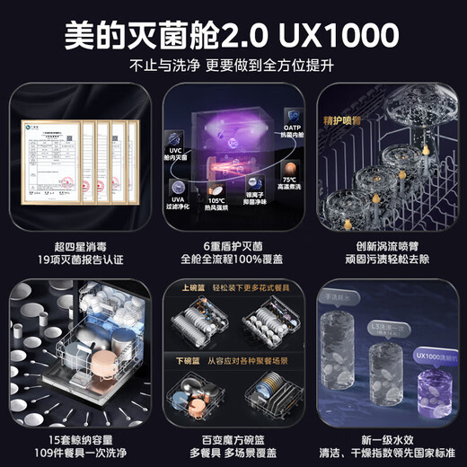 Midea dishwasher sterilization cabin UX1000 embedded household 6-stage sterilization, super four-star disinfection, 15 sets of large capacity 105 hot air drying, first-class water efficiency, intelligent fully automatic, full-cavity sterilization cabin, frequency conversion four spray arms, consult customer service to enjoy huge discounts