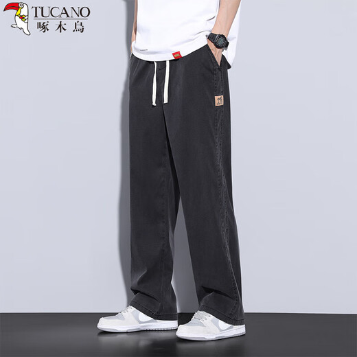 啄木鸟（TUCANO）牛仔裤男款天丝夏天直筒宽松阔腿拖地长裤夏季超薄款冰丝休闲裤子 1048黑色 4XL (38码)
