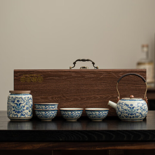 Ahli's Love Ru Kiln Kung Fu Tea Set Complete Set Souvenirs Business Gifts Father's Birthday Gifts for Men for Dad and Teacher Blue and White Lucky Twigs and Lift Pots High-end Gift Boxes Practical Housewarming Gifts for Elders and Retirement Souvenirs