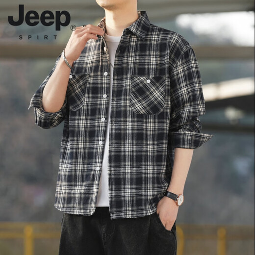 JEEP SPIRIT美式复古格子长袖衬衫男士春秋季2025新款宽松韩式工装衬衣外套潮 K12301黑色+K12108白色 M