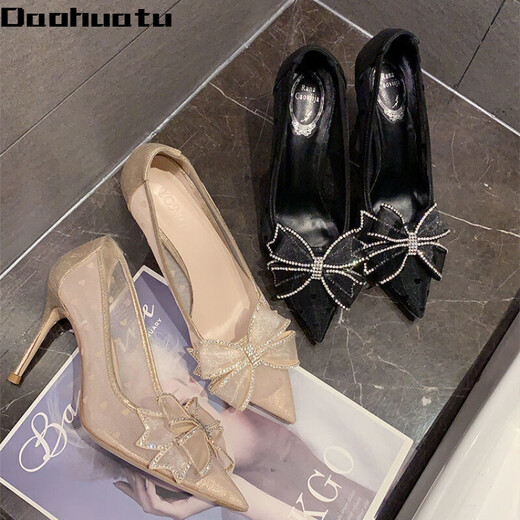 Daohuatu rhinestone bow high heels women's stiletto heels 2021 summer new versatile lace pointed crystal single shoes wedding shoes mesh black upgraded version 5 cm 35 standard size