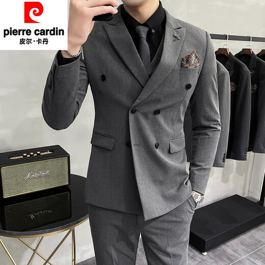 Pierre Cardin double-breasted suit suit for men, casual business suit, groom's wedding dress, handsome slim fit suit for men, medium gray two-piece suit (suit + trousers) 2XL (140-150Jin Jin is equal to 0.5kg)