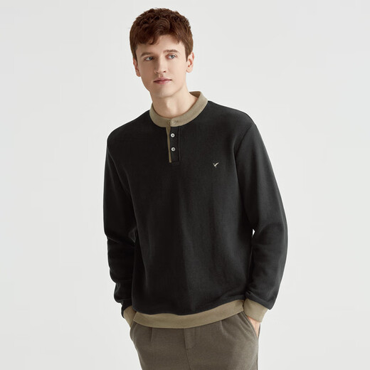 Qian Zhihe Spring and Autumn Men's Contrast Color Splicing Sweatshirt 2024 Autumn Henry Collar Embroidered Street Casual Tops Bottoming Shirt Trendy 63C Black XL