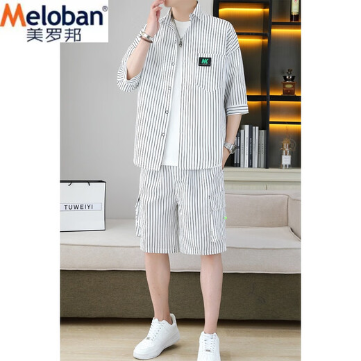 美罗邦 MELOBAN夏季冰丝套装男条纹宽松潮牌七分袖衬衫五分短裤高端痞帅搭配一套 902白 XL 参考125-140斤左右