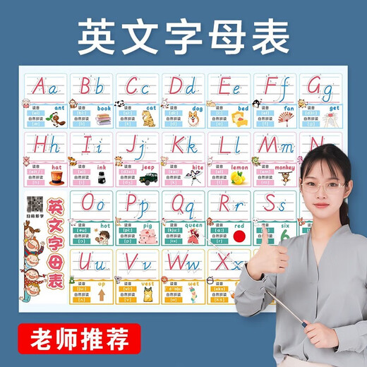 26个英文字母自然拼读发音儿童26个英语英文字母表24 挂图墙贴 DD-10小学生学习套装18张 小