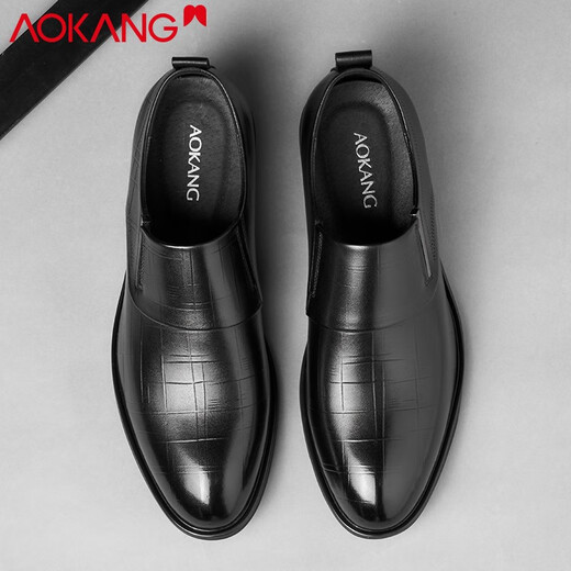 Aokang men's shoes autumn business formal shoes men's genuine leather soft sole Korean version versatile casual men's slip-on leather shoes black 1225211032N 39 (sports shoes 40 = leather shoes 39)