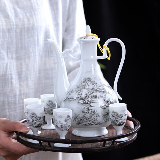 Tao Qinquan Jingdezhen ceramics Chinese liquor wine set wine pot wine cup wine cup wine warmer wine pot snow scene wine set 1Jin Jin is equal to 0.5 kg, assembled with 6 cups