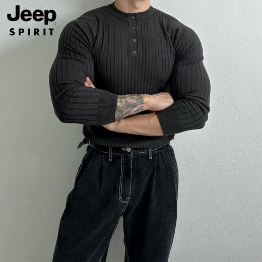 JEEP SPIRIT Henry collar long-sleeved sweater men's spring new American high-end muscular men's fitness all-match slim T-shirt brown M 100Jin Jin is equal to 0.5 kg within