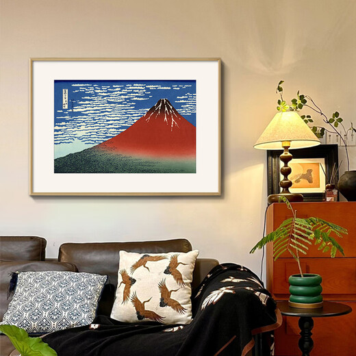 爱麒神奈川冲浪里原木风海浪挂画客厅餐厅装饰画民宿酒店玄关日式壁画 ZFL759款：東海道 整体尺寸：80*110cm 红木色实木框升级款细框