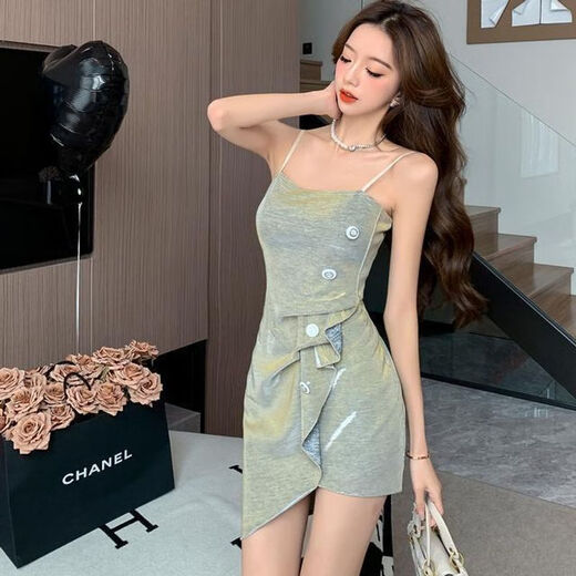 Tang Siwei 2025 new sexy pure hot girl irregular suspender strapless versatile dress for women with shiny birthday dress champagne color dress L 105-115Jin [Jin equals 0.5 kg]