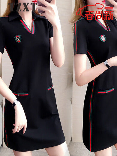 Tzxt Brand Trendy Luxury Luxury Casual Sports Robe à manches courtes pour femmes Loose Summer Nouveau mince Col de polo Col de t-shirt Straight 1595 Black L Recommandé 105-120Jin [Jin est égal à 0,5 kg]