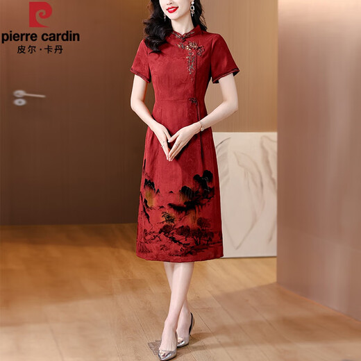 皮尔卡丹（pierre cardin）品牌喜婆婆仿香云纱连衣裙女2025新款妈m气质礼服仿真丝改良旗袍 红色 JY-9906 2XL
