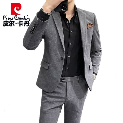 
Pier Cardin casual suit suit men's Korean style slim business casual formal wear no iron jacket groom wedding dress suit 1908 striped light gray suit + trousers + white shirt XL recommended 120-135 Jin [Jin equals 0.5 kg] to wear