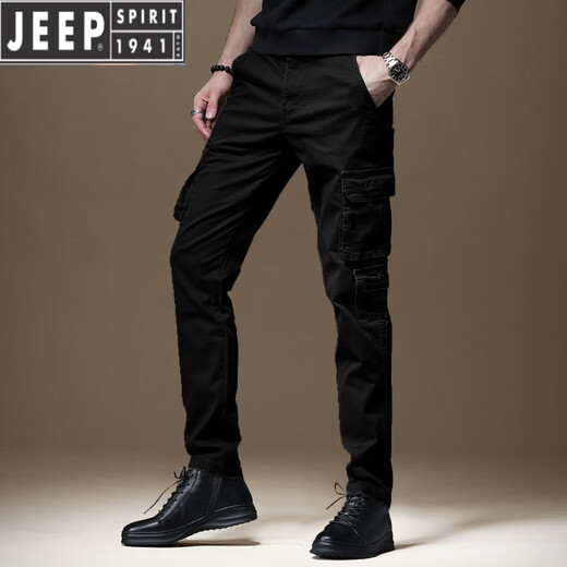 JEEP SPIRIT overalls men's 2025 new slim fit casual pants men's multi-pocket special training pants Korean style trendy paratrooper pants overalls quality 680 black 32 (waist 2 feet 5)