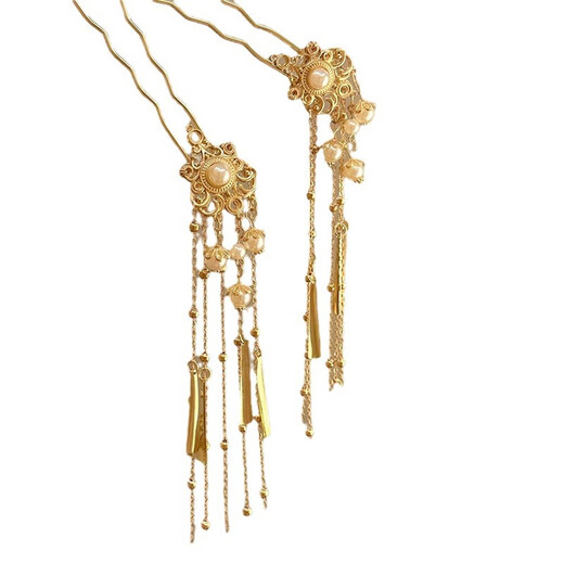 He Jiagong Nancheng Haori National Style New Chinese Style Pearl Golden Tassel Step Hairpin Hair Accessory Feminine U-shaped Hair Imitation Pearl Tassel Hairpin Single A10-202