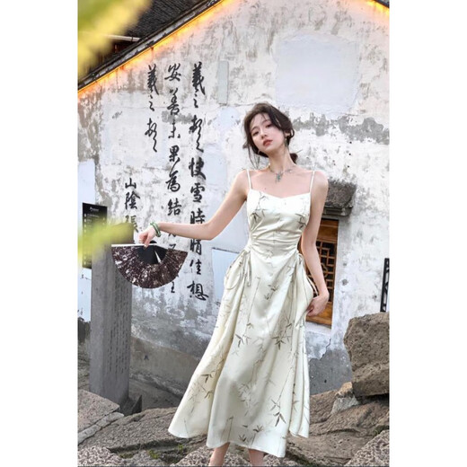 以欧（YIOU）2024新款新中气质小众年轻小清新缎面收腰吊带连衣裙6627 玉绿色 M