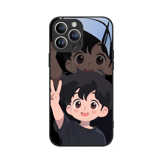 美十美分（MSMF）男孩女孩情侣手机壳适用苹果高级感液态玻璃外壳镜头全包防摔可爱卡通动漫男女款保护套 单个【玻璃质感黑】比耶男孩-BL49180 iPhone15ProMax