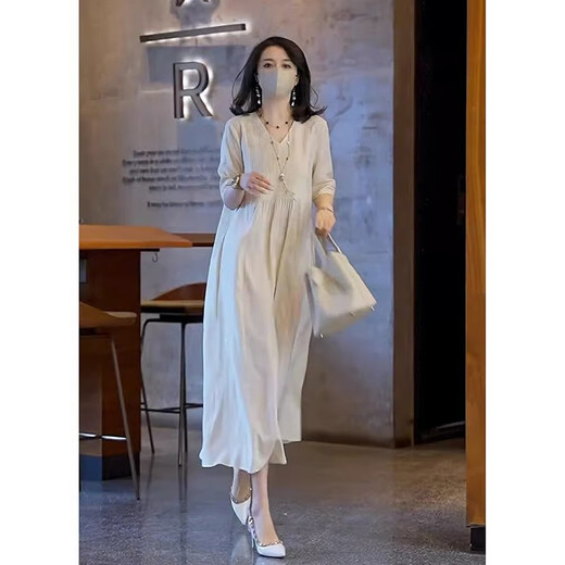 AEMAPE2025 summer new long skirt high-end exquisite texture high-end temperament beautiful loose slimming dress for women apricot color dress XL (115-125Jin [Jin equals 0.5 kg] shot)