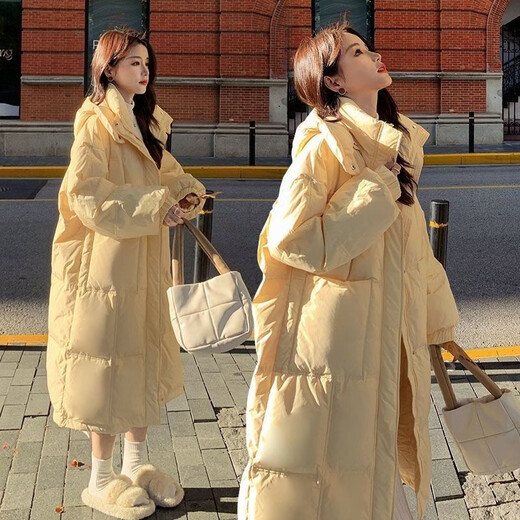 Amber heey Korean style large pocket white duck down jacket for women 2025 new mid-length lightweight hooded warm women's jacket creamy yellow S recommended (80-125Jin Jin equals 0.5 kg)