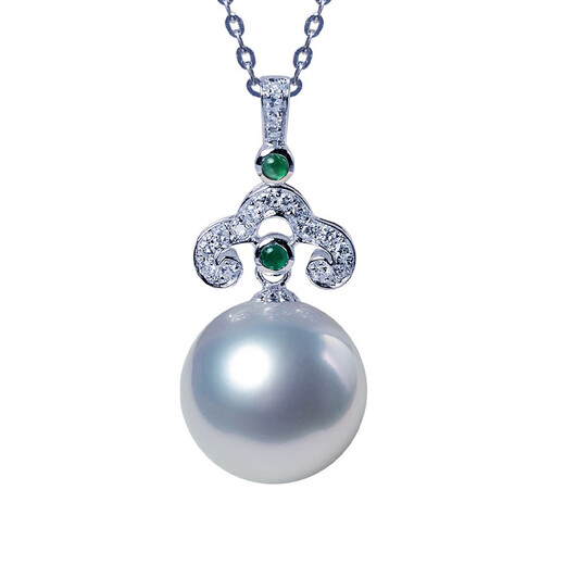 Mohs South Sea white bead pendant, seawater pearl, perfect round, flawless, extremely bright quality, 18K gold set with diamond, emerald, lucky emerald, Australian white pendant, customized white bead pendant 15-16mm
