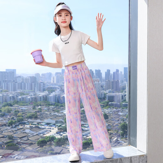 Pitt Pitt Girls Widm-Bein Hosen Sommer Dünne Kindereiseisenhose Große Kinder Kleidung Mädchen Moskito-Repellenthosen Straighthose Lose 15088 Pink Purple + 9889 Weiß [Set] 120 cm
