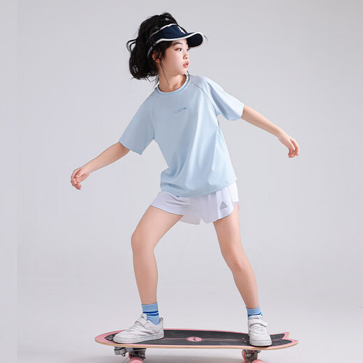 小猪彼特女童运动套装儿童2025新款夏季大童跑步网球服短袖短裤速干两件套 9922棉T白色+18426紫色短裤 170 cm