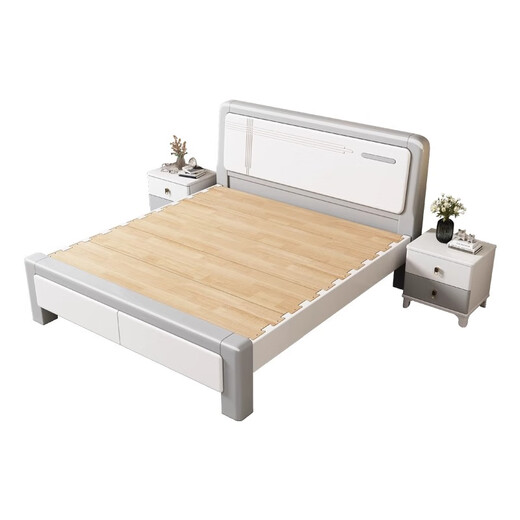 Yishan 2025 new mortise and tenon all solid wood bed light luxury modern simple white master bedroom 1.8m double air pressure storage bed solid wood silent bed (two colors optional) 1.5m*2m mortise and tenon style