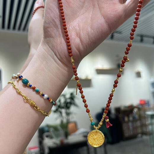 Ouyin Natural South Red Agate Necklace Millet Beads Clavicle Chain Sweater Chain Yellow God of Wealth Life Year Wealth Bracelet Chain Universal Chain South Red Necklace