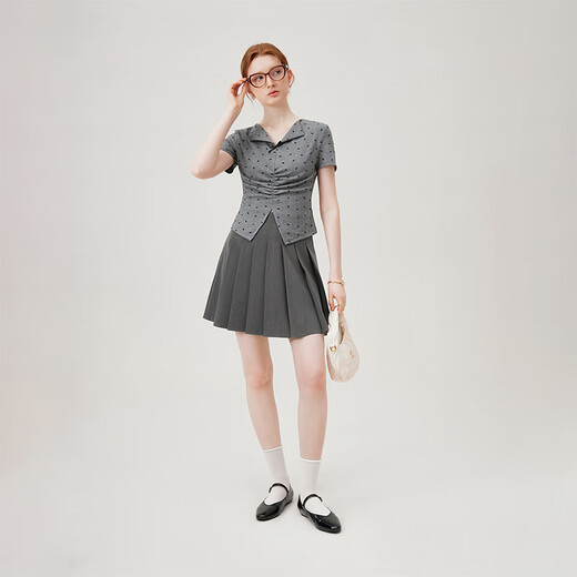 Fan Silann sweet hot girl flocking bow knitted T-shirt 2024 summer new lapel slim fit 12529 gray M