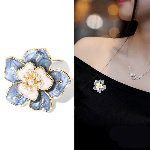 Kuban pig high-end small fragrance camellia brooch temperament enamel painted flower brooch jacket suit accessories corsage haze blue camellia back brooch
