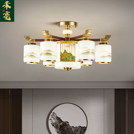 Heliang nuevas lámparas de sala de estar de lámparas chinas, todas las maderas de cobre sólida, faros delanteros de construcción de dúplex de alta gama, comedor, estilo chino 9906 Qianlijiangshan-Copper+Wood+Iron+Jade-10 Heads