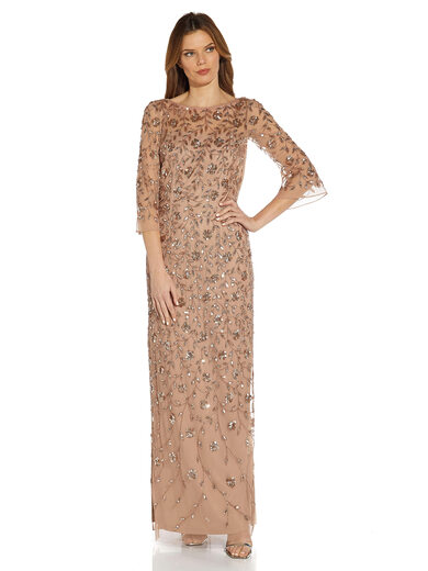 Adrianna Papell Women's Beaded Fantasy Shift Gown Rose Gold 0