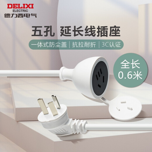DELIXI power socket extension cord/wire socket/socket electric vehicle charging extension cord/plug strip/row plug 10A to 10A, total length 0.6 meters