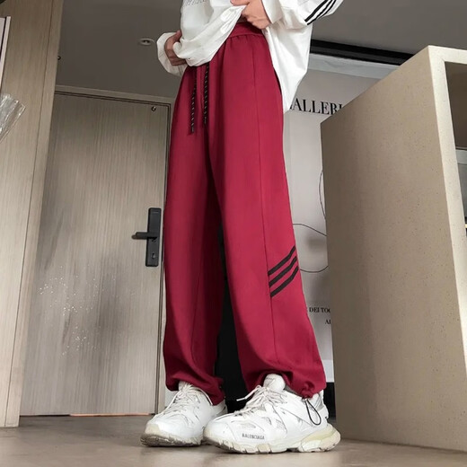 SHANNU pants men's spring and summer thin loose casual straight striped drawstring American high street sports toilet trousers 904 grey [regular] L