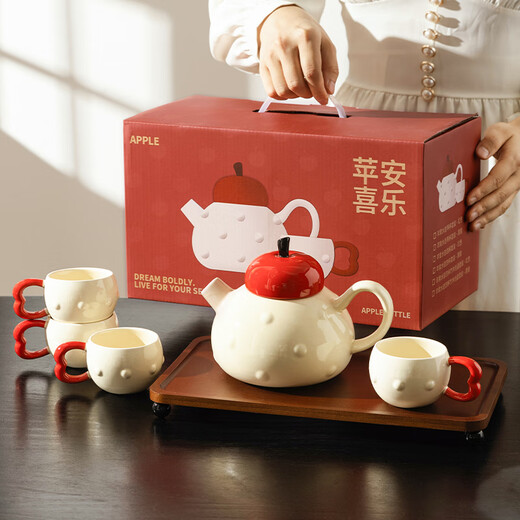 Modern Housewife Teapot Set Moving to a New Home Engagement Wedding Birthday Moving Gift Wedding Tea Set 2025 New Red Apple Ceramic Teapot Set 1 Pot 4 Cups with Tray Housewarming Gift