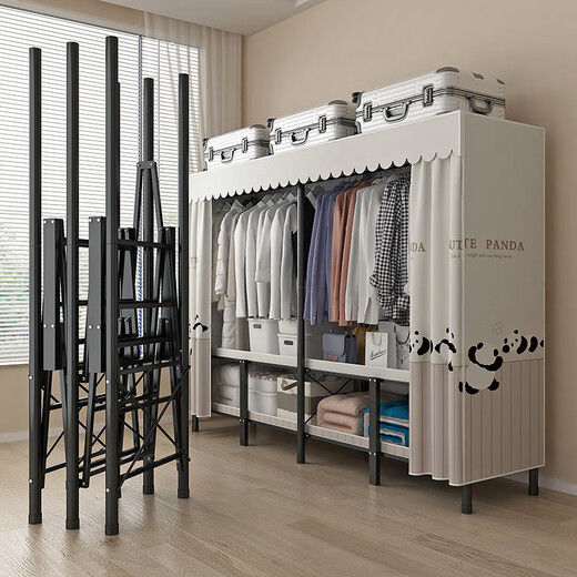 Good wardrobe installation-free steel frame structure household bedroom folding wardrobe full steel frame cloth wardrobe rental room storage cabinet 1.58 meters Youran Xiongbao/folding style