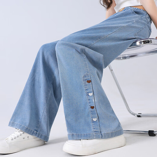 Pitt Pitt Girls Jeans 2025 New Big Big Children Pantalones de tenis de verano pantalones delgados Pierras anchas de seda de verano para niños 13118 azul [Tiannis Cool] 160 cm