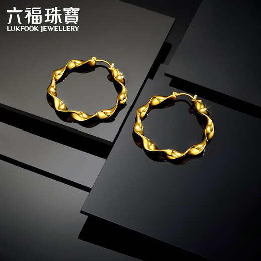 六福珠宝足金浪潮波浪硬金工艺黄金耳圈耳环耳饰 计价 A01TBGE0011 7.98克(含工费1484元)
