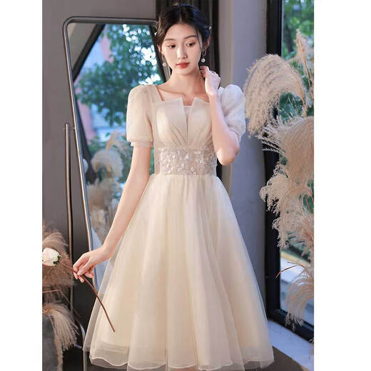 Seidler champagne color small evening dress, feminine and high-end, can be worn daily by petite people to get a certificate and register for engagement. Champagne S (recommended 86-95 Jin Jin is equal to 0.5 kg)