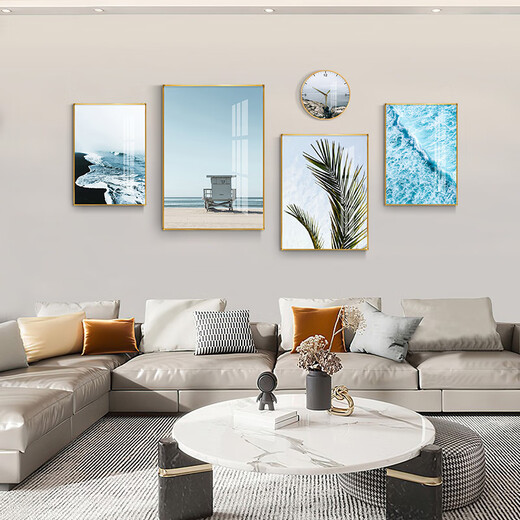 Mohu (mohu) living room decoration painting sofa background wall mural modern simple landscape landscape painting TV wall high-end new style hanging paintings seaside landscape 15935 (including wall clock) art crystal porcelain combination-black frame
