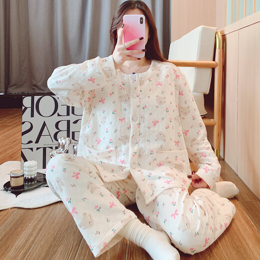 带胸垫孕妇睡衣产妇喂奶月子服秋冬夹层产后哺乳怀孕期空气棉套装 SHB6227 L码（建议100-120斤）