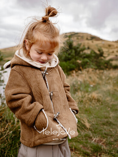 LELE JOVE Nordic style children's suede coat autumn and winter lamb wool cotton clothing baby boys and girls hooded short coat walnut brown 90