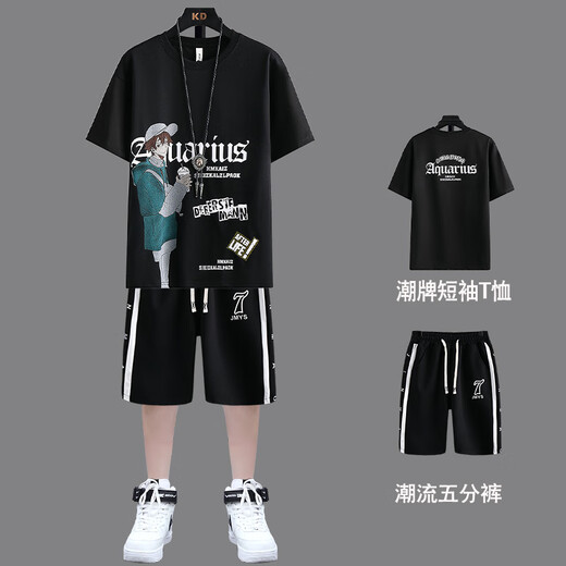 诚婕青少年短袖短裤套装男孩子夏季t恤大童初中学生新款潮流运动休闲 两件套【15816白色+短裤】 L 170 适合96-110斤