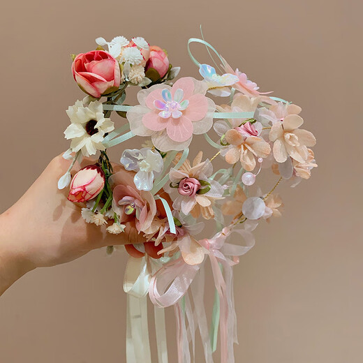 Muyu Fairy Garland Headband Children's Flower Ribbon Accessories Girls Hair Accessories Non-Slip Non-Hairing Hair Accessories Little Girls Garland Pink Apricot Flower One Pack