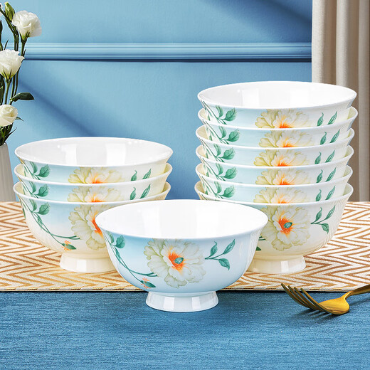 Guoyue Bone porcelain tableware set for home use new Chinese-style bowl and dish set for ceramic bowl and utensils microwave glaze colored bowl and plate combination, simple brocade flower with breakfast cup, gift box set, 62-piece set